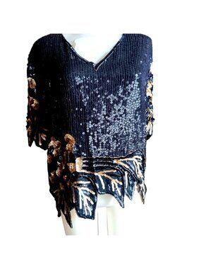 Large Vintage Top Silk Sequin Floral Embellished Sequined Black & Gold 90s